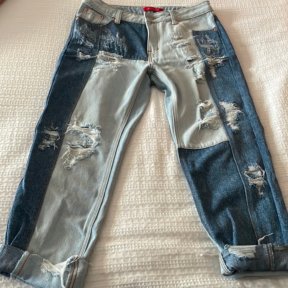 Two tone straight leg jeans